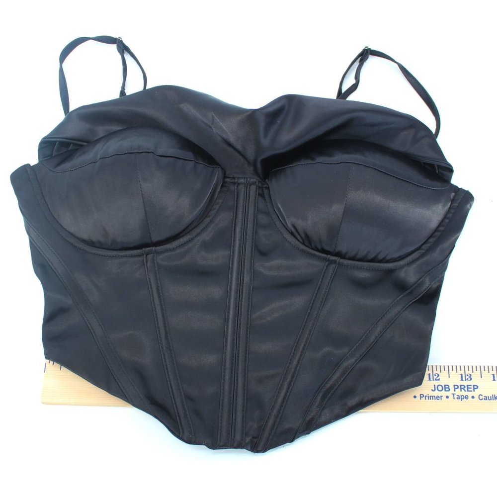 Black Satin Corset Bustier Top L Boned Padded Drape Cowl Neck Stretch Adj. Strap - Picture 10 of 15